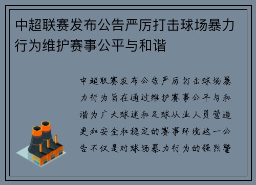 中超联赛发布公告严厉打击球场暴力行为维护赛事公平与和谐